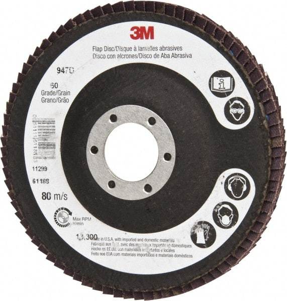 3M - 60 Grit, 4-1/2" Disc Diam, 7/8" Center Hole, Type 27 Ceramic Flap Disc - 13,300 Max RPM, Cloth Backing, Arbor Attaching System, Coated - Americas Industrial Supply
