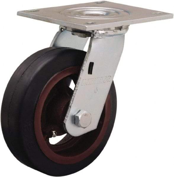 Hamilton - 6" Diam x 2" Wide x 7-1/2" OAH Top Plate Mount Swivel Caster - Rubber Mold on Cast Iron, 410 Lb Capacity, Straight Roller Bearing, 5 x 5-1/2" Plate - Americas Industrial Supply