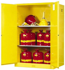 Justrite - 2 Door, 2 Shelf, Yellow Steel Standard Safety Cabinet for Flammable and Combustible Liquids - 65" High x 43" Wide x 34" Deep, Self Closing Door, 90 Gal Capacity - Americas Industrial Supply