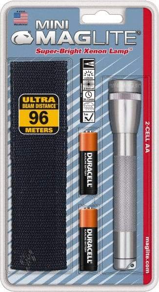 Mag-Lite - Krypton Bulb, 14 Lumens, Mini Flashlight - Gray Aluminum Body, 2 AA Alkaline Batteries Included - Americas Industrial Supply