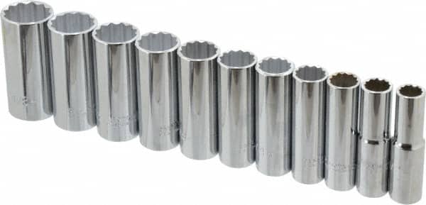 Proto - 11 Piece 1/2" Drive Deep Well Socket Set - 12 Points, 1/2" to 1-1/8" Range, Inch Measurement Standard - Americas Industrial Supply