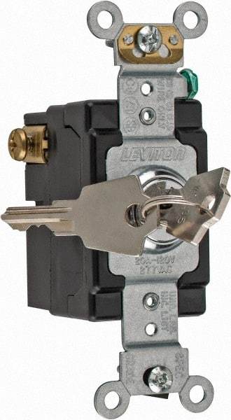 Leviton - 3 Pole, 120 to 277 VAC, 20 Amp, Industrial Grade, Key Lock, Wall and Dimmer Light Switch - 4.06 Inch High - Americas Industrial Supply