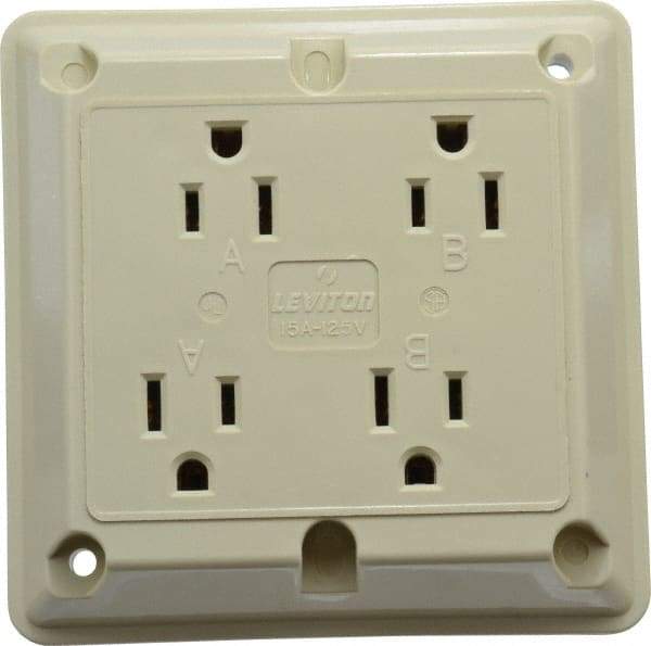 Leviton - 125 VAC, 15 Amp, 5-15R NEMA Configuration, Ivory, Specification Grade, Self Grounding Fourplex Receptacle - 1 Phase, 2 Poles, 3 Wire, Flush Mount, Chemical, Corrosion and Impact Resistant - Americas Industrial Supply