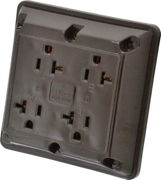 Leviton - 125 VAC, 20 Amp, 5-20R NEMA Configuration, Brown, Specification Grade, Self Grounding Fourplex Receptacle - 1 Phase, 2 Poles, 3 Wire, Flush Mount, Chemical, Corrosion and Impact Resistant - Americas Industrial Supply