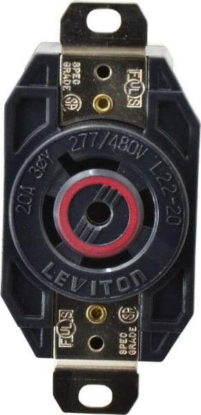 Leviton - 277/480 VAC, 20 Amp, L22-20R NEMA, Self Grounding Receptacle - 4 Poles, 5 Wire, Female End, Black - Americas Industrial Supply