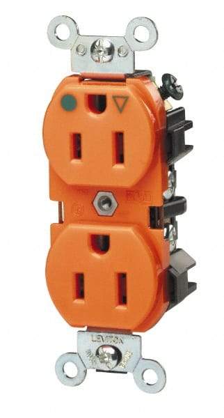 Leviton - 125 VAC, 20 Amp, 5-20R NEMA Configuration, Orange, Hospital Grade, Self Grounding Duplex Receptacle - 1 Phase, 2 Poles, 3 Wire, Flush Mount, Impact Resistant - Americas Industrial Supply