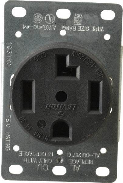 Leviton - 125/250 VAC, 30 Amp, 14-30R NEMA Configuration, Black, Industrial Grade, Self Grounding Single Receptacle - 1 Phase, 3 Poles, 4 Wire, Flush Mount, Corrosion Resistant - Americas Industrial Supply