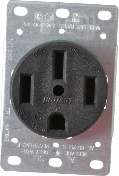 Leviton - 125/250 VAC, 50 Amp, 14-50R NEMA Configuration, Black, Industrial Grade, Self Grounding Single Receptacle - 1 Phase, 3 Poles, 4 Wire, Flush Mount, Corrosion Resistant - Americas Industrial Supply