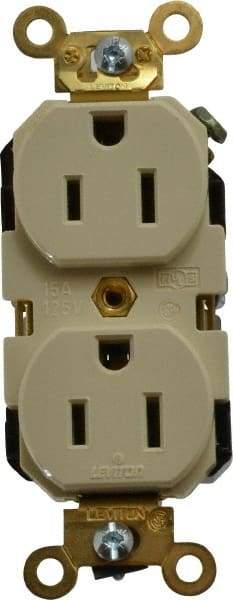 Leviton - 125 VAC, 15 Amp, 5-15R NEMA Configuration, Ivory, Industrial Grade, Self Grounding Duplex Receptacle - 1 Phase, 2 Poles, 3 Wire, Flush Mount, Impact Resistant - Americas Industrial Supply