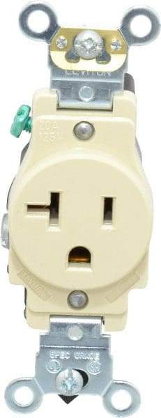 Leviton - 125 VAC, 20 Amp, 5-20R NEMA Configuration, Ivory, Industrial Grade, Self Grounding Single Receptacle - 1 Phase, 2 Poles, 3 Wire, Flush Mount, Impact and Tamper Resistant - Americas Industrial Supply