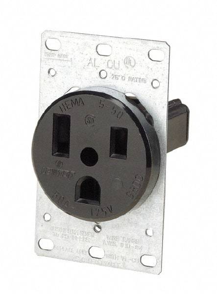 Leviton - 125 VAC, 50 Amp, 5-50P NEMA Configuration, Black, Industrial Grade, Self Grounding Single Receptacle - 1 Phase, 2 Poles, 3 Wire, Flush Mount, Tamper Resistant - Americas Industrial Supply