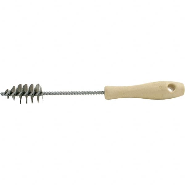Brush Research Mfg. - 1.15" Diam Helical Stainless Steel Tube Brush - Single Spiral, 0.006" Filament Diam, 2-1/8" Brush Length, 10-1/2" OAL, 0.245" Diam Plastic Handle Shank - Americas Industrial Supply