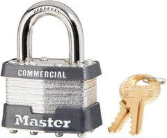 Master Lock - 15/16" Shackle Clearance, Keyed Alike Laminated Steel Padlock - 5/16" Shackle Diam, Steel - Americas Industrial Supply