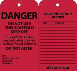 NMC - 3" High x 6" Long, DANGER - DO NOT USE THIS SCAFFOLD-KEEP OFF-DO NOT ALTER, English Safety & Facility Inspection Tag - Tag Header: Danger, 2 Sides, Black & Red Cardstock - Americas Industrial Supply