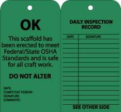 NMC - 3" High x 6" Long, OK - DO NOT ALTER, English Safety & Facility Inspection Tag - Tag Header: Notice, 2 Sides, Black & Green Cardstock - Americas Industrial Supply