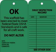 NMC - 3" High x 6" Long, OK - DO NOT ALTER, English Safety & Facility Inspection Tag - Tag Header: Notice, 2 Sides, Black & Green Cardstock - Americas Industrial Supply