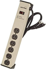 Leviton - 6 Outlets, 125 Volts, 15 Amps, 6' Cord, Power Outlet Strip - Free Hanging Mount, 5-15R NEMA Configuration, 15.73" Strip, cULus, UL Listed File 1449 - Americas Industrial Supply