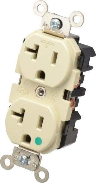 Leviton - 125 VAC, 20 Amp, 5-20R NEMA Configuration, Ivory, Hospital Grade, Self Grounding Duplex Receptacle - 1 Phase, 2 Poles, 3 Wire, Flush Mount, Impact Resistant - Americas Industrial Supply