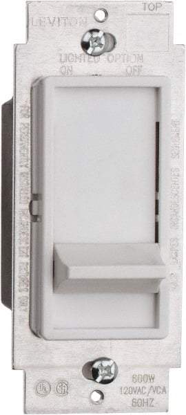 Leviton - 1 Pole, 120 VAC, 60 Hz, 600 Watt, Residential Grade, Slide Switch, Wall and Dimmer Light Switch - 1.73 Inch Wide x 4.13 Inch High, Incandescent - Americas Industrial Supply