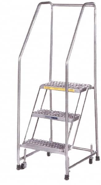 Ballymore - 58-1/2" 3 Step Ladder - Rolling Safety Ladder, 300 Lb Capacity, 28-1/2" Platform Height, 20" Base Width x 25" Depth, Heavy-Duty Serrated Grating - Americas Industrial Supply