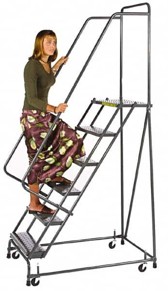 Ballymore - 93" 6 Step Ladder - Spring Loaded Rolling Safety Ladder, 450 Lb Capacity, 60" Platform Height, 24" Base Width x 49" Depth, Expanded Metal Tread - Americas Industrial Supply