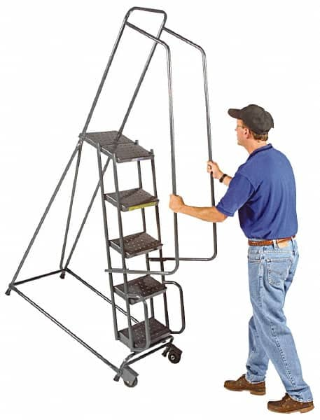 Ballymore - 78" 5 Step Ladder - Tilt & Roll Safety Ladder, 450 Lb Capacity, 47-1/2" Platform Height, 20" Base Width x 42" Base Depth, Heavy-Duty Serrated Grating - Americas Industrial Supply