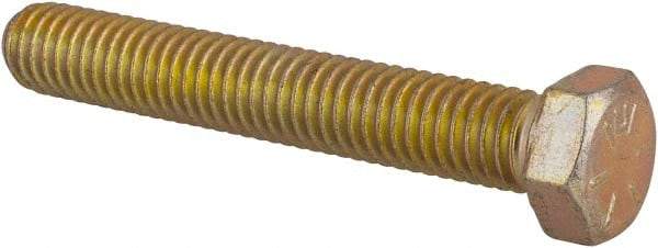 Made in USA - 3/8-16 UNC, 2-1/2" Length Under Head Hex Head Cap Screw - Fully Threaded, Grade 8 Alloy Steel, Zinc Yellow Dichromate Finish, 9/16" Hex - Americas Industrial Supply