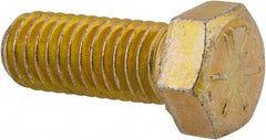 Made in North America - 7/16-14 UNC, 1-1/8" Length Under Head Hex Head Cap Screw - Fully Threaded, Grade 8 Alloy Steel, Zinc Yellow Dichromate Finish, 5/8" Hex - Americas Industrial Supply