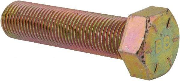 Made in USA - 1/2-20 UNF, 2" Length Under Head Hex Head Cap Screw - Fully Threaded, Grade 8 Alloy Steel, Zinc Yellow Dichromate Finish, 3/4" Hex - Americas Industrial Supply