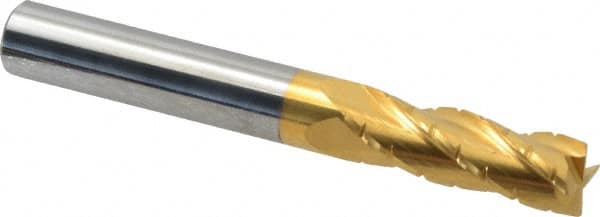 Hertel - 3/8" Diam, 1-1/8" LOC, 4 Flute Solid Carbide Roughing Square End Mill - TiN Finish, 3" OAL, 3/8" Shank Diam, Single End, Centercutting - Americas Industrial Supply