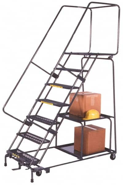 Ballymore - 103" 7 Step Stock-Picking Ladder - 450 Lb Capacity, 70" Platform Height, 30" Base Width x 55" Depth, Expanded Metal Tread - Americas Industrial Supply