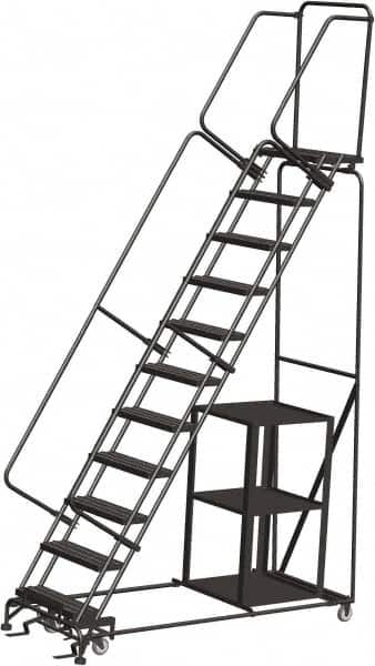 Ballymore - 143" 11 Step Ladder - Safety Stock Picking Ladder, 450 Lb Capacity, 110" Platform Height, 32" Base Width x 80" Depth, Perforated Tread - Americas Industrial Supply