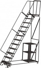 Ballymore - 153" 12 Step Ladder - Safety Stock Picking Ladder, 450 Lb Capacity, 120" Platform Height, 32" Base Width x 93" Depth, Perforated Tread - Americas Industrial Supply