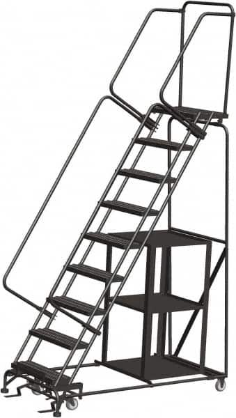 Ballymore - 123" 9 Step Stock-Picking Ladder - 450 Lb Capacity, 90" Platform Height, 32" Base Width x 68" Depth, Perforated Tread - Americas Industrial Supply