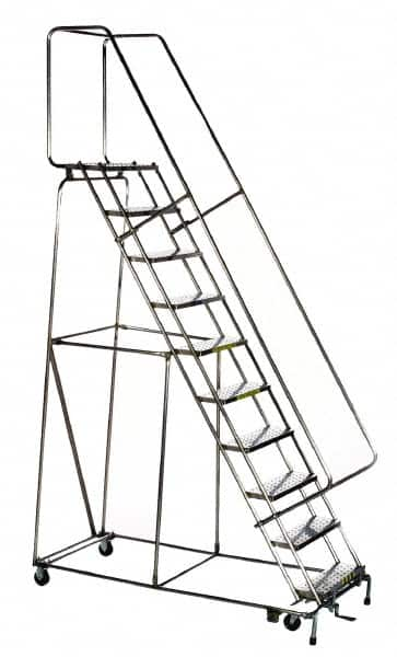 Ballymore - 133" 10 Step Ladder - Rolling Safety Ladder, 450 Lb Capacity, 100" Platform Height, 32" Base Width x 74" Depth, Heavy-Duty Serrated Grating - Americas Industrial Supply