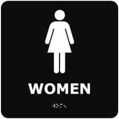 NMC - Women, 8" Wide x 8" High, Plastic Sign - English, Braille, White on Black, Wall Mount - Americas Industrial Supply