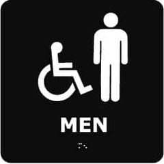 NMC - Men, 8" Wide x 8" High, Plastic Sign - English, Braille, White on Black, Wall Mount - Americas Industrial Supply