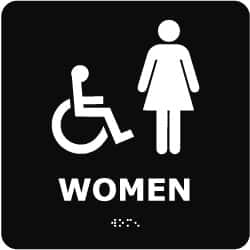 NMC - Women, 8" Wide x 8" High, Plastic Sign - English, Braille, White on Black, Wall Mount - Americas Industrial Supply