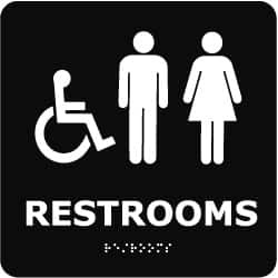 NMC - Restrooms, 8" Wide x 8" High, Plastic Sign - English, Braille, White on Black, Wall Mount - Americas Industrial Supply