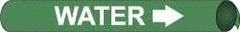 NMC - Pipe Marker with Water Legend and Arrow Graphic - 4-5/8 to 5-7/8" Pipe Outside Diam, White on Green - Americas Industrial Supply