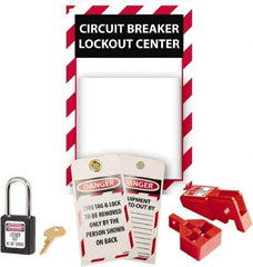 NMC - 5 Piece, Equipped Polystyrene Tag and Padlock / Hasp Station - 7 Inch Wide x 10 Inch High, Red, White and White on Black - Americas Industrial Supply