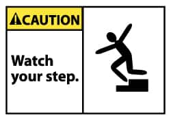 NMC - Accident Prevention Label, Header: CAUTION - Legend: Caution - Watch Your Step, English, Black, Yellow & White, 5" Long x 3" High, Sign Muscle Finish - Americas Industrial Supply