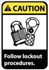 NMC - Accident Prevention Label, Header: CAUTION - Legend: Caution - Follow Lock-Out Procedures, English, Black, Yellow & White, 5" Long x 3" High, Sign Muscle Finish - Americas Industrial Supply
