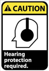 NMC - Accident Prevention Label, Header: CAUTION - Legend: Caution - Hearing Protection Required, English, Black, Yellow & White, 5" Long x 3" High, Sign Muscle Finish - Americas Industrial Supply