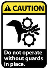 NMC - Accident Prevention Label, Header: CAUTION - Legend: Caution - Do Not Operate without Guards in Place, English, Black, Yellow & White, 5" Long x 3" High, Sign Muscle Finish - Americas Industrial Supply