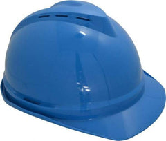 MSA - ANSI Type I, Class C Rated, 4-Point, Ratchet Adjustment Hard Hat - Size 6-1/2 to 8, Blue, Standard Brim, Vented - Americas Industrial Supply