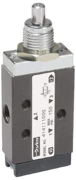 Parker - 0.20 CV Rate, 1/8" NPT Inlet Direct Air 2 Mechanical Spool Valve - 3 Way, 2 Position, 150 Max psi, Plunger Spring Return - Americas Industrial Supply