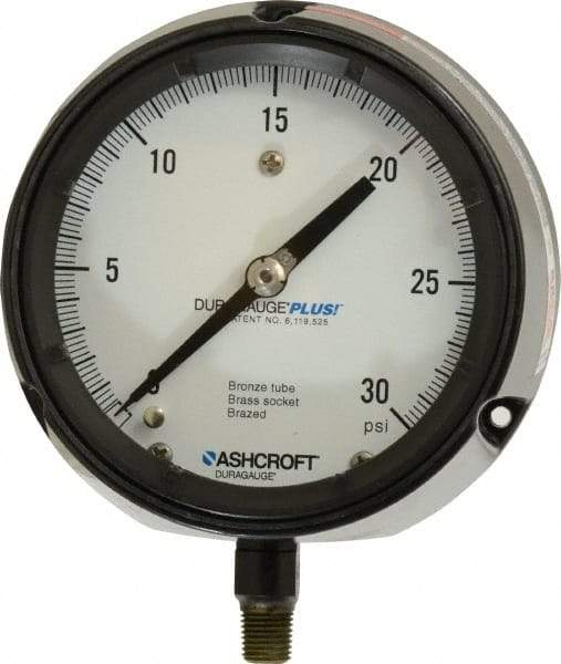 Ashcroft - 4-1/2" Dial, 1/4 Thread, 0-30 Scale Range, Pressure Gauge - Lower Connection, Rear Flange Connection Mount, Accurate to 0.5% of Scale - Americas Industrial Supply