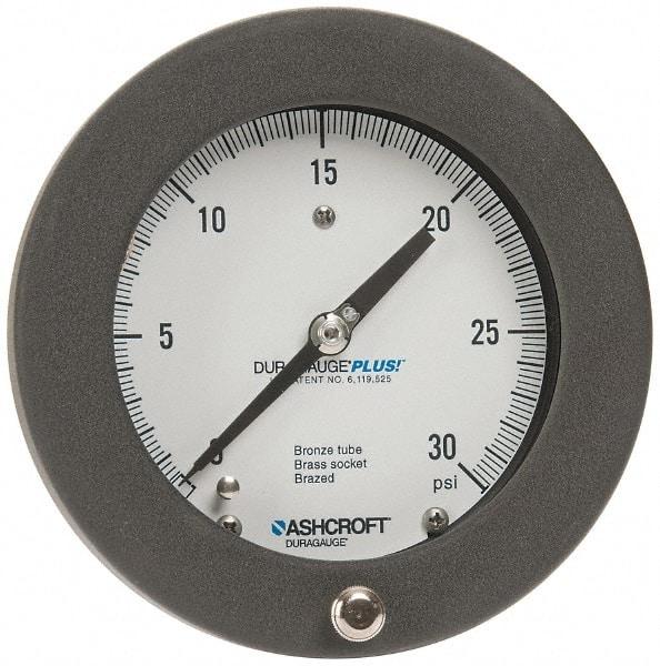Ashcroft - 4-1/2" Dial, 1/4 Thread, 0-30 Scale Range, Pressure Gauge - Center Back Connection Mount, Accurate to 0.5% of Scale - Americas Industrial Supply