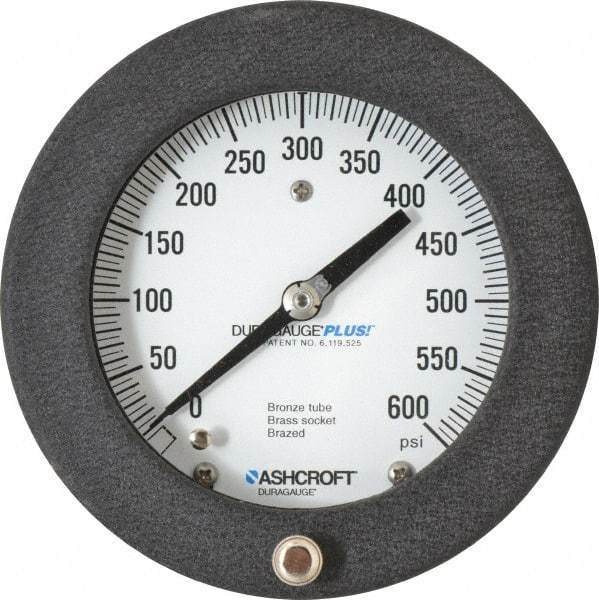 Ashcroft - 4-1/2" Dial, 1/4 Thread, 0-600 Scale Range, Pressure Gauge - Center Back Connection Mount, Accurate to 0.5% of Scale - Americas Industrial Supply